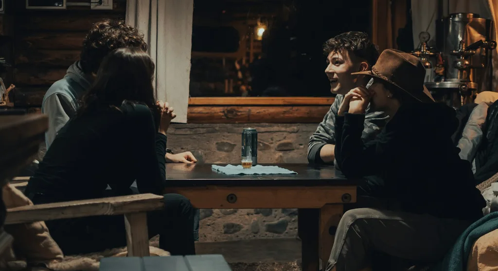 A group of friends sitting around a wooden table in a cabin at night, chatting over drinks